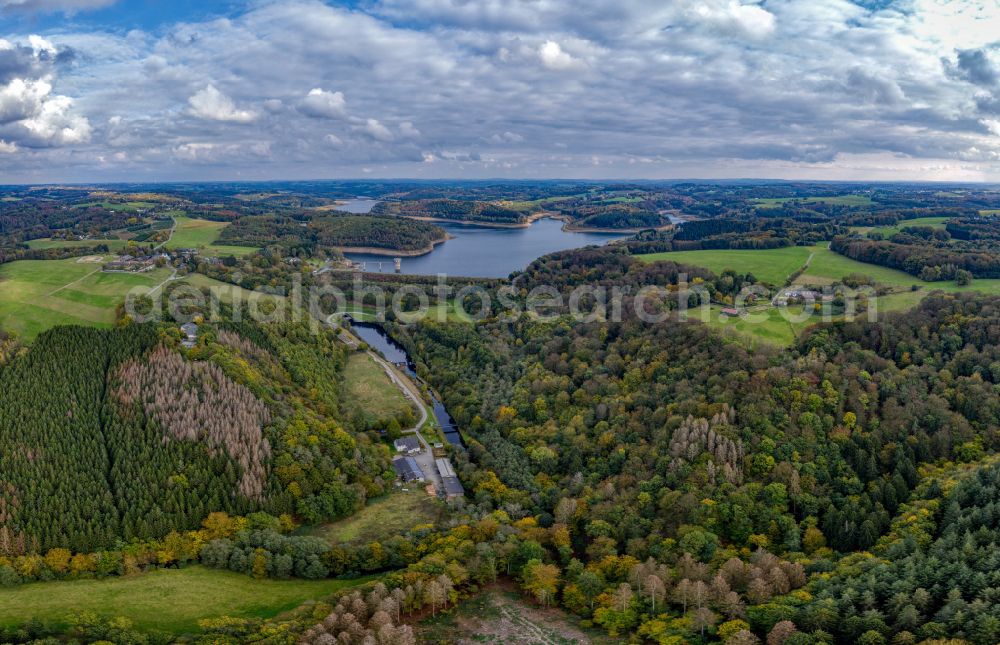 Aerial photograph Müllenberg - Dam wall at the reservoir Grosse Dhuenntalsperre in Muellenberg in the state North Rhine-Westphalia, Germany