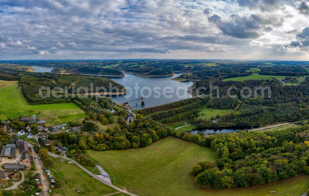 Müllenberg from above - Dam wall at the reservoir Grosse Dhuenntalsperre in Muellenberg in the state North Rhine-Westphalia, Germany