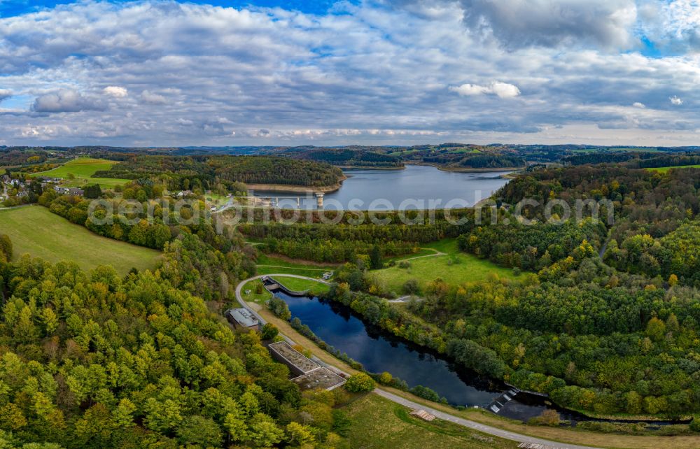 Aerial image Müllenberg - Dam wall at the reservoir Grosse Dhuenntalsperre in Muellenberg in the state North Rhine-Westphalia, Germany