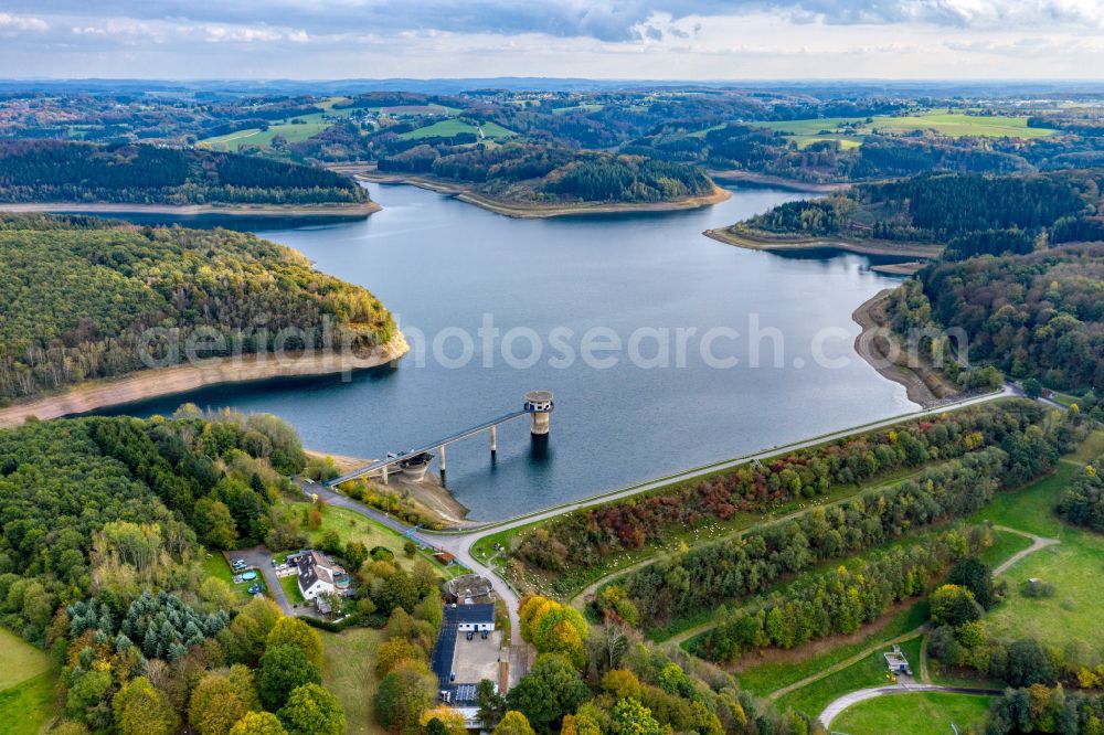 Aerial photograph Kürten - Dam wall at the reservoir Grosse Dhuenntalsperre in Muellenberg in the state North Rhine-Westphalia, Germany