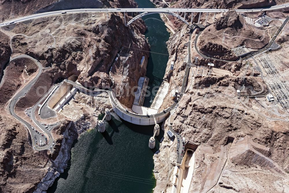 Aerial photograph Boulder City - Dam wall at the reservoir Hoover Dam on street Hoover Dam Access Road in Boulder City in Nevada, United States of America