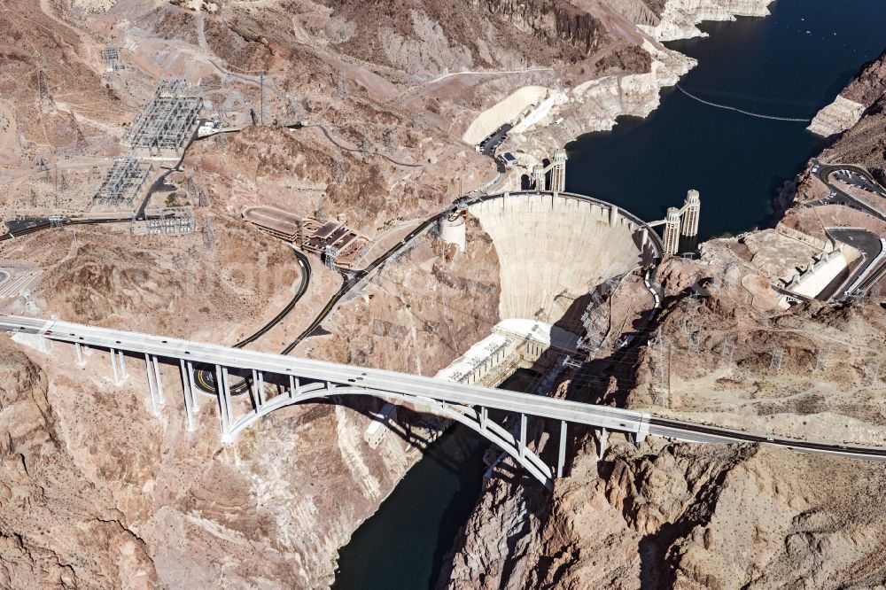 Aerial image Boulder City - Dam wall at the reservoir Hoover Dam on street Hoover Dam Access Road in Boulder City in Nevada, United States of America