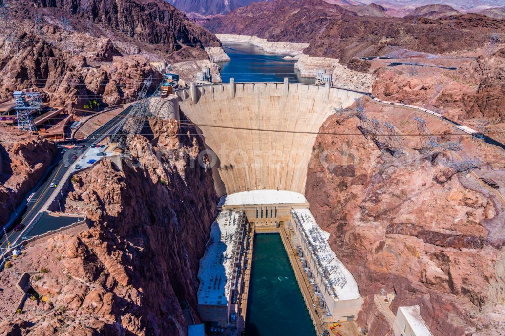 Aerial image Boulder City - Dam wall at the reservoir Hoover Dam in Boulder City in Nevada, United States of America