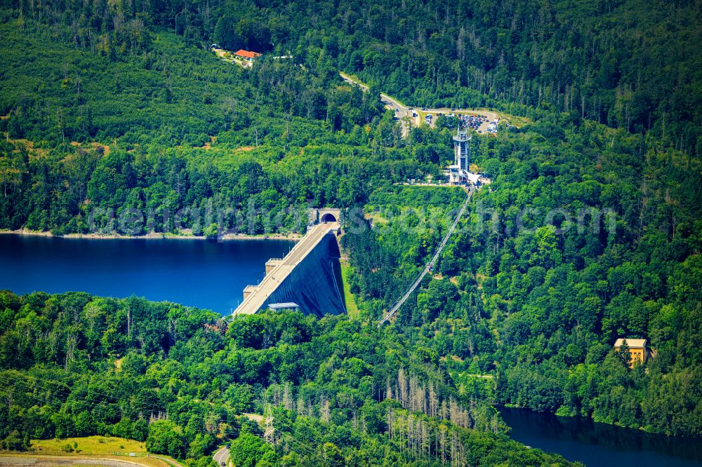 Aerial photograph Elbingerode (Harz) - Dam and dam wall at the reservoir Rappbodetalsperre with suspension bridge in Elbingerode (Harz) in the state Saxony-Anhalt, Germany