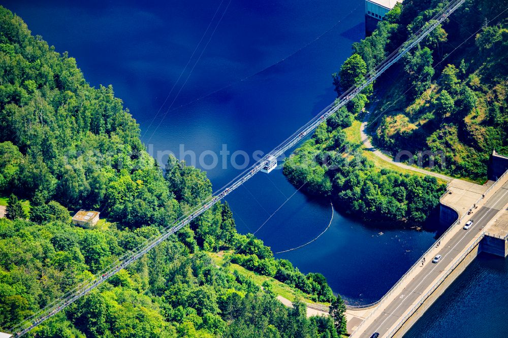 Elbingerode (Harz) from above - Dam and dam wall at the reservoir Rappbodetalsperre with suspension bridge in Elbingerode (Harz) in the state Saxony-Anhalt, Germany