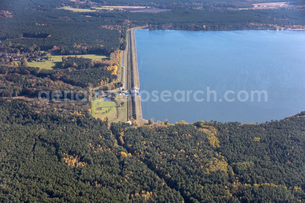 Neuhausen/Spree from above - Dam wall at the reservoir Talsperre Spremberg in Neuhausen/Spree in the state Brandenburg, Germany