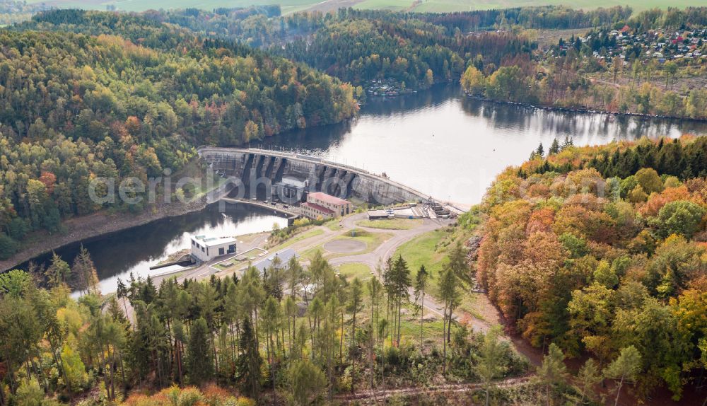 Aerial image Kriebstein - Dam wall at the reservoir the hydroelectric power plant on street An der Talsperre in Kriebstein in the state Saxony, Germany