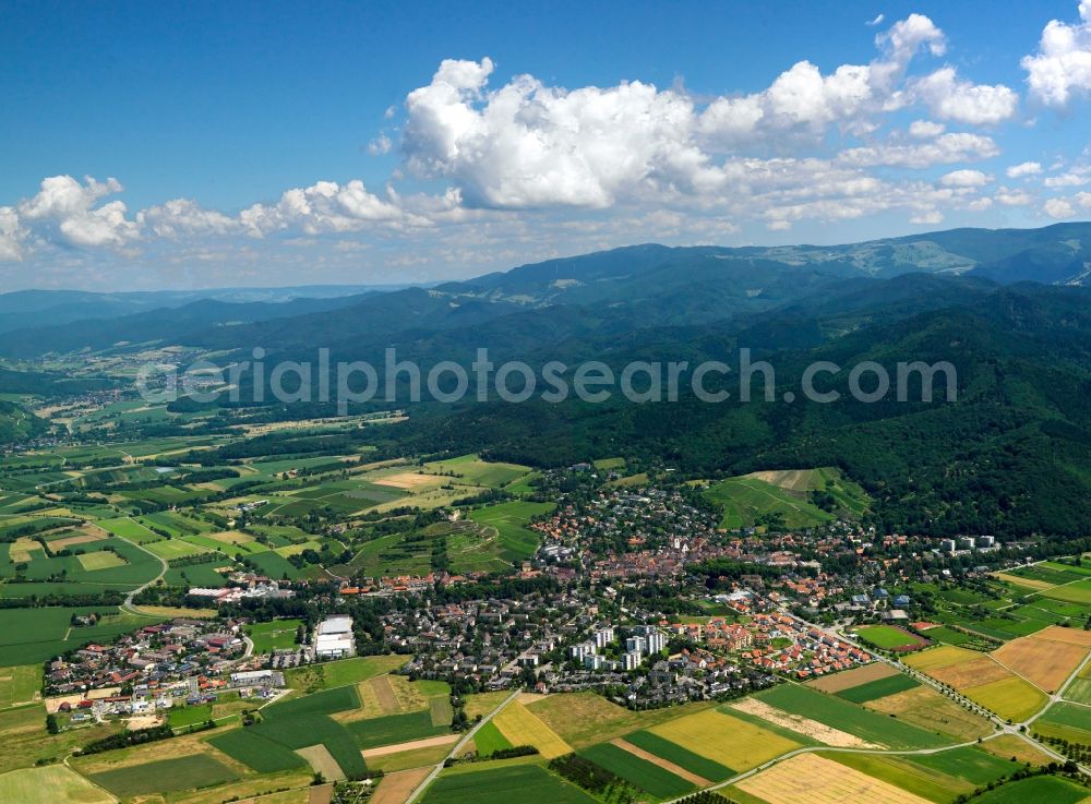 Aerial image Staufen - Staufen in the Breisgau region of the state of Baden-Württemberg. The town is located on the foothills of the Black Forest at the exit of the Münstertal Valley. The hills in the background belong to the mountains of the Black Forest