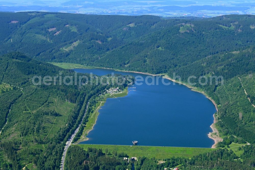 Langelsheim from above - The dam wall Innerstestausee in Langelsheim in the state Lower Saxony, Germany