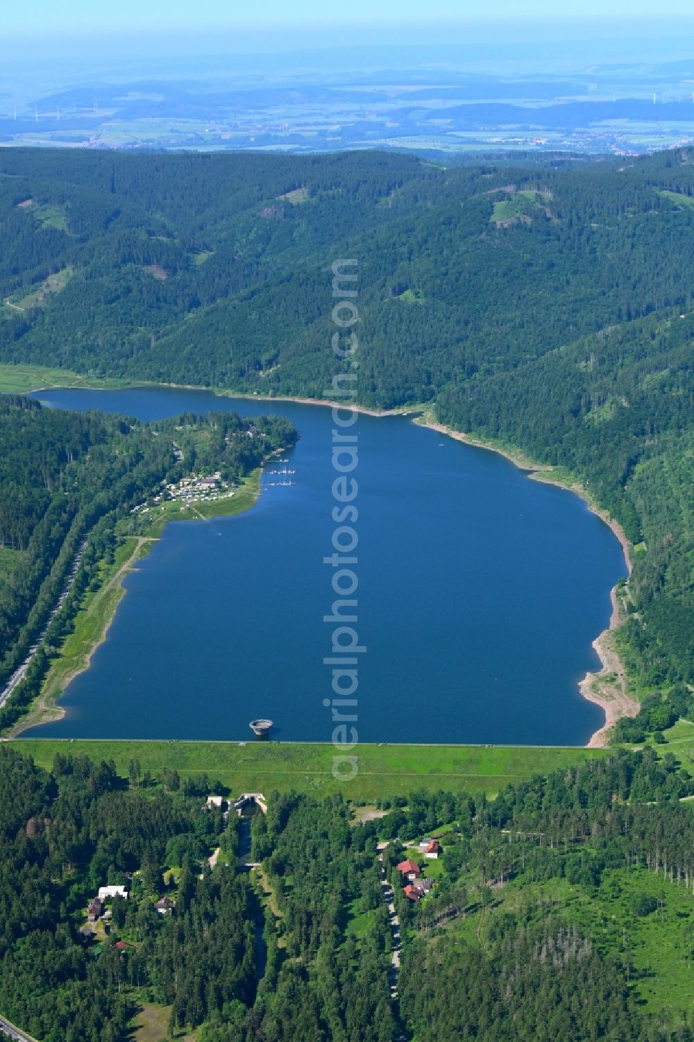 Langelsheim from the bird's eye view: The dam wall Innerstestausee in Langelsheim in the state Lower Saxony, Germany