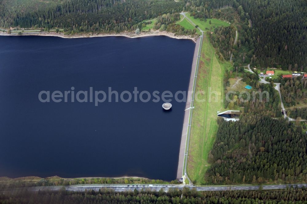Langelsheim from the bird's eye view: Dam of the hydroelectric power plant in Langelsheim in Lower Saxony