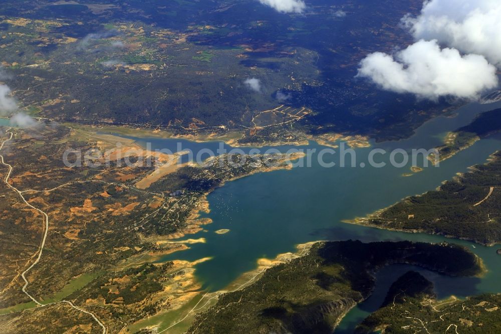 Pareja from above - Impoundment and shore areas at the lake Embalse de Entrepenas in Pareja in Castilla-La Mancha, Spain