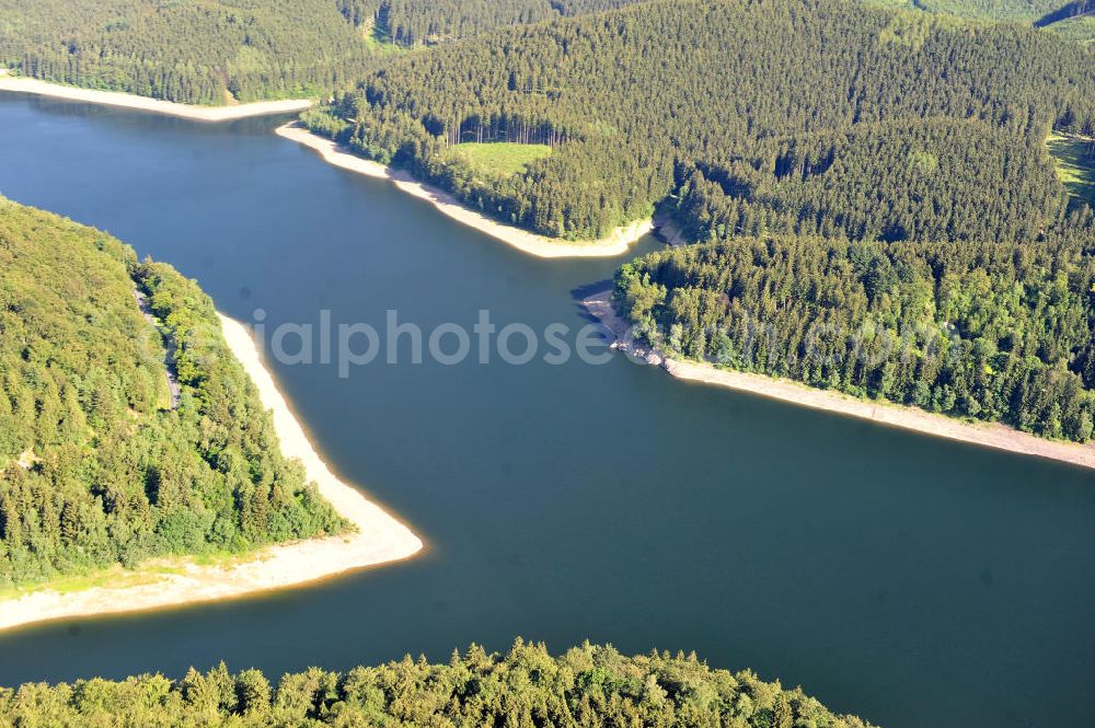 Osterrode from above - View of the reservoir and dam in the Sösetalsperre, a dam at Osterode in Lower Saxony. It was the first dam of Harzwasserwerke built from 1928 to 1931 at the Söse and serves the drinking water supply, flood protection, the low water and electricity. Operator of the system are the Harzwasserwerke