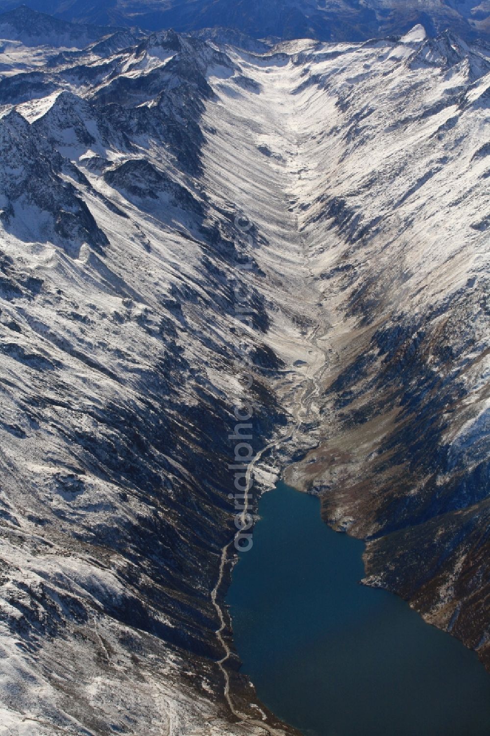 Medels im Oberland from above - Lake Lai da Nalps and valley Val Nalps in the Swiss Alps in Medels in the canton Graubuenden, Switzerland