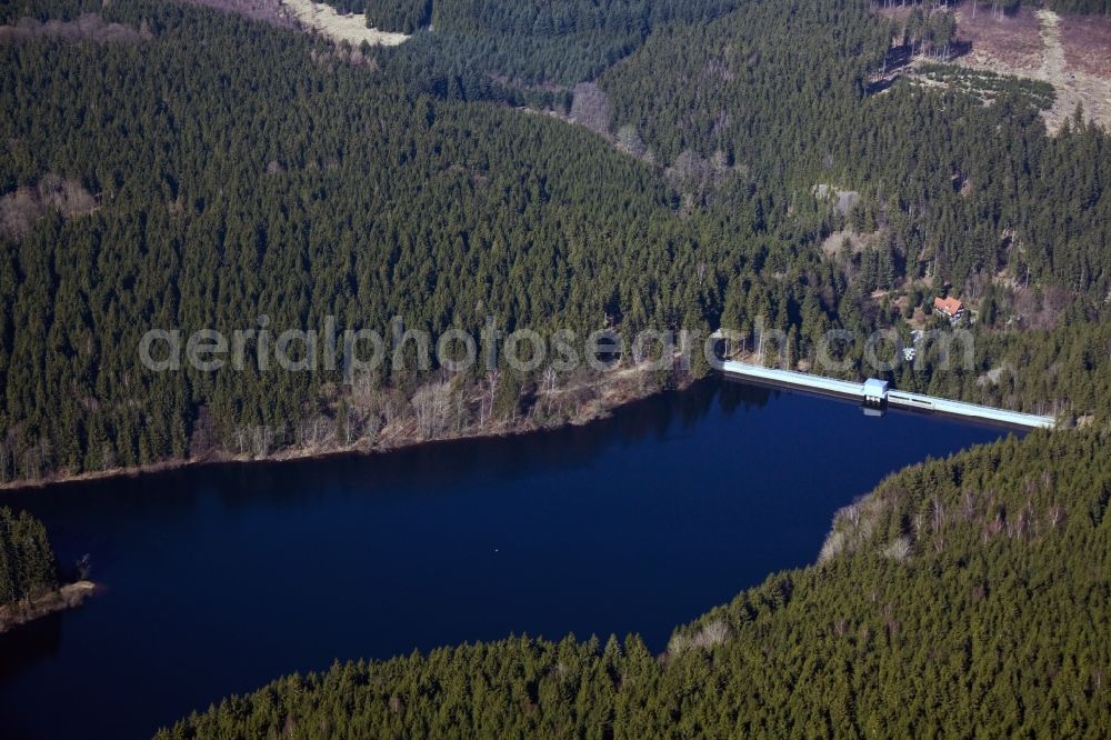 Aerial image Wernigerode - The Zillierbachtalsperre or dam Zillierbach is a string of dam, waterworks and reservoir dam. It is used for flood control and drinking water supplies