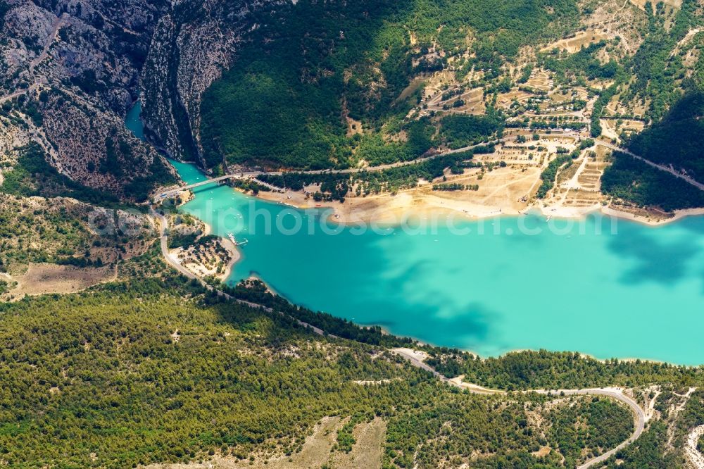 Aerial image Moustiers-Sainte-Marie - Impoundment and shore areas with swimming areas at the lake Lac de Sainte-Croix and the river Verdon in Moustiers-Sainte-Marie in Provence-Alpes-Cote d'Azur, France