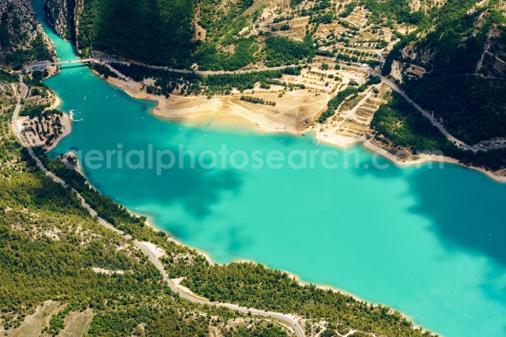 Moustiers-Sainte-Marie from above - Impoundment and shore areas with swimming areas at the lake Lac de Sainte-Croix and the river Verdon in Moustiers-Sainte-Marie in Provence-Alpes-Cote d'Azur, France