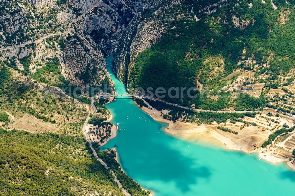 Aerial image Moustiers-Sainte-Marie - Impoundment and shore areas with swimming areas at the lake Lac de Sainte-Croix and the river Verdon in Moustiers-Sainte-Marie in Provence-Alpes-Cote d'Azur, France