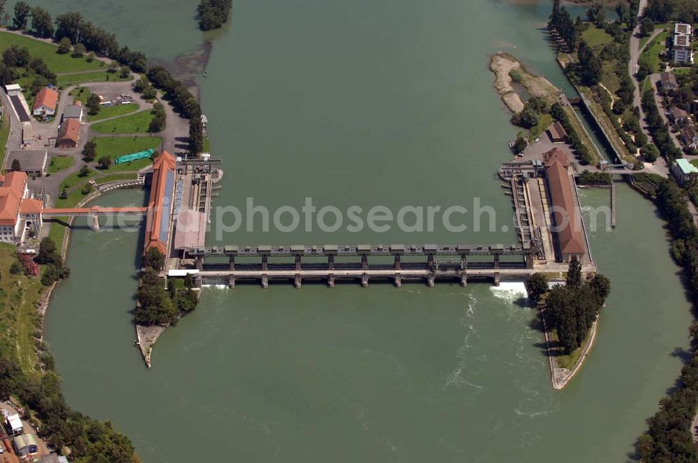 Aerial image Basel - Die Staustufe Augst / Wyhlen des Rheins beinhaltet die Laufwasserkraftwerke Augst und Wyhlen sowie die Schleuse Augst (rechts). Heutiger Betreiber des Kraftwerks Augst ist die Kraftwerk Augst AG (KWA), ein Mitglied der Axpo. Adresse: Kraftwerk Augst AG, Kraftwerkstrasse 6, 4302 Augst BL; Tel.: 061 816 84 11; Fax: 061 816 84 05