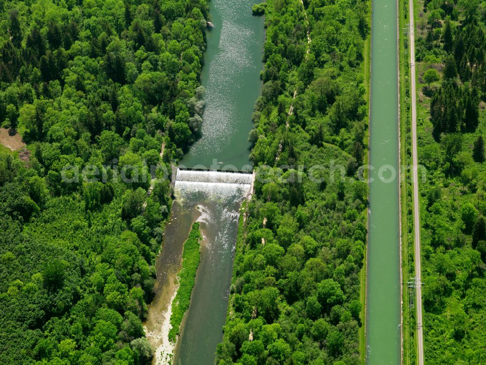 Aerial image Fellheim - Barrage on the banks of the Iller river in Fellheim in the state Bavaria, Germany