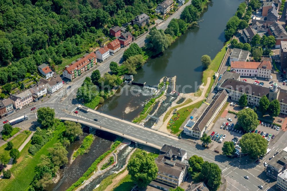 Aerial image Hagen - Weir on the banks of the flux flow Lenne in the district Hohenlimburg in Hagen in the state North Rhine-Westphalia, Germany