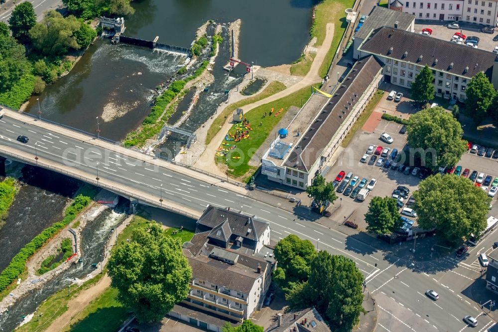 Aerial photograph Hagen - Weir on the banks of the flux flow Lenne in the district Hohenlimburg in Hagen in the state North Rhine-Westphalia, Germany