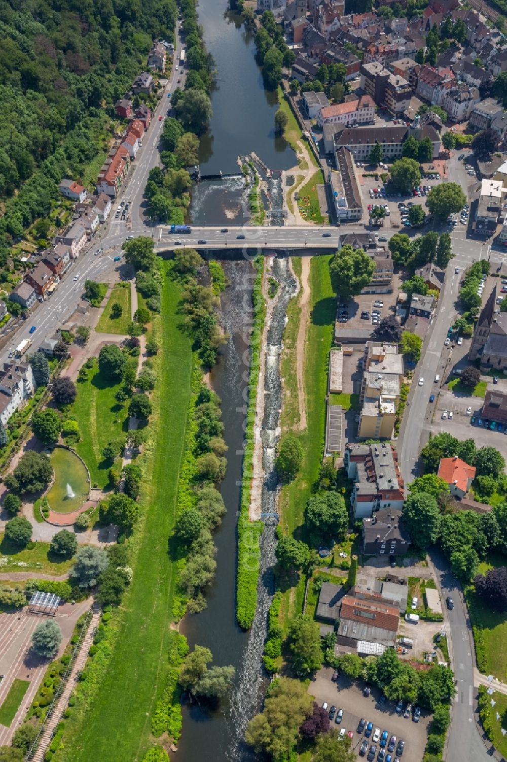 Hagen from above - Weir on the banks of the flux flow Lenne in the district Hohenlimburg in Hagen in the state North Rhine-Westphalia, Germany