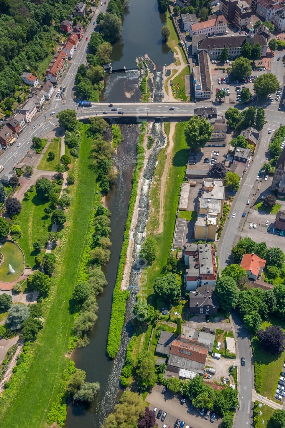 Aerial image Hagen - Weir on the banks of the flux flow Lenne in the district Hohenlimburg in Hagen in the state North Rhine-Westphalia, Germany