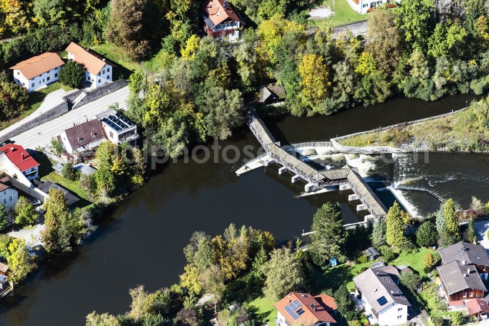 Wolfratshausen from above - Weir on the banks of the flux flow Loisach in Wolfratshausen in the state Bavaria, Germany