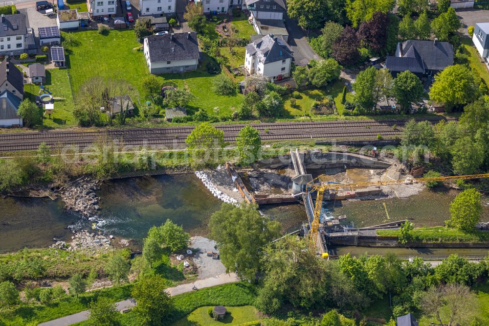 Velmede from the bird's eye view: Construction site for the reconstruction of the barrage on the bank of the river Ruhr in Velmede in the federal state of North Rhine-Westphalia, Germany