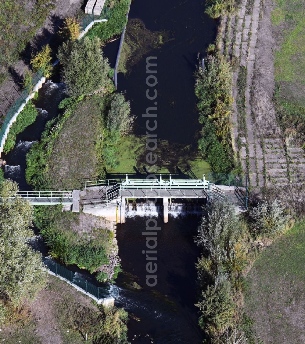 Wittenberge from above - Weir on the banks of the flux flow Stepenitz in Wittenberge in the state Brandenburg, Germany