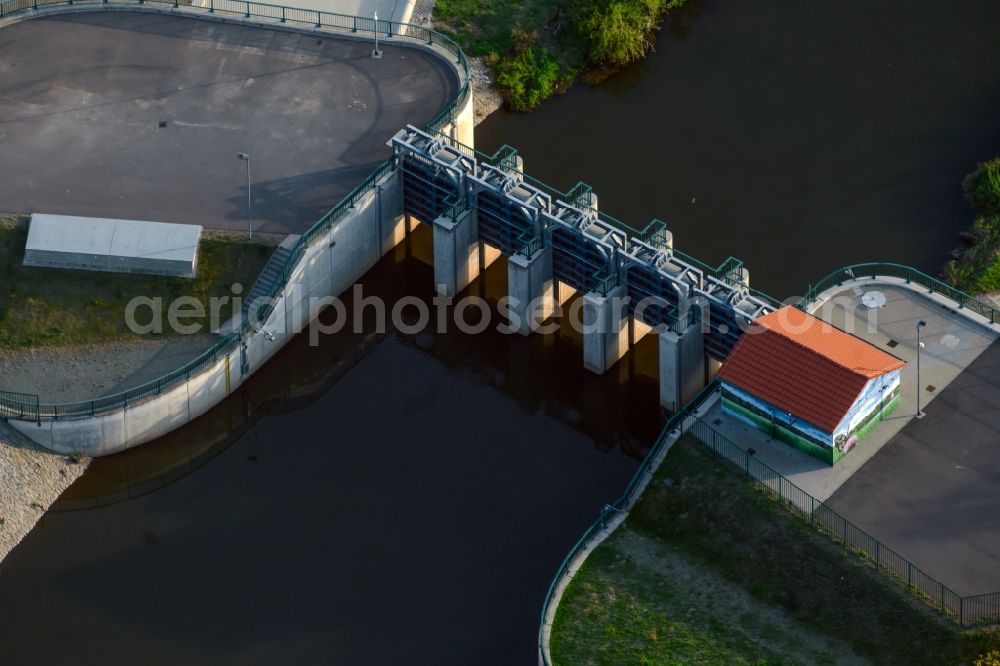 Leipzig from above - Weir on the banks of the flux flow Weissen Elster in the district Knauthain in Leipzig in the state Saxony, Germany