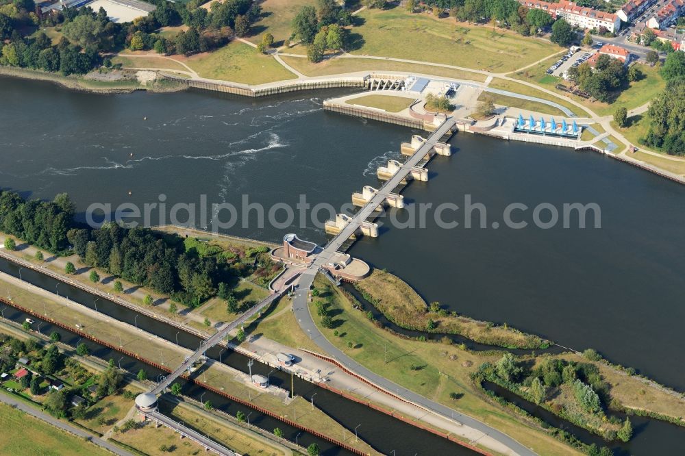 Bremen from above - Weir on the banks of the flux flow Weser in Bremen in Germany