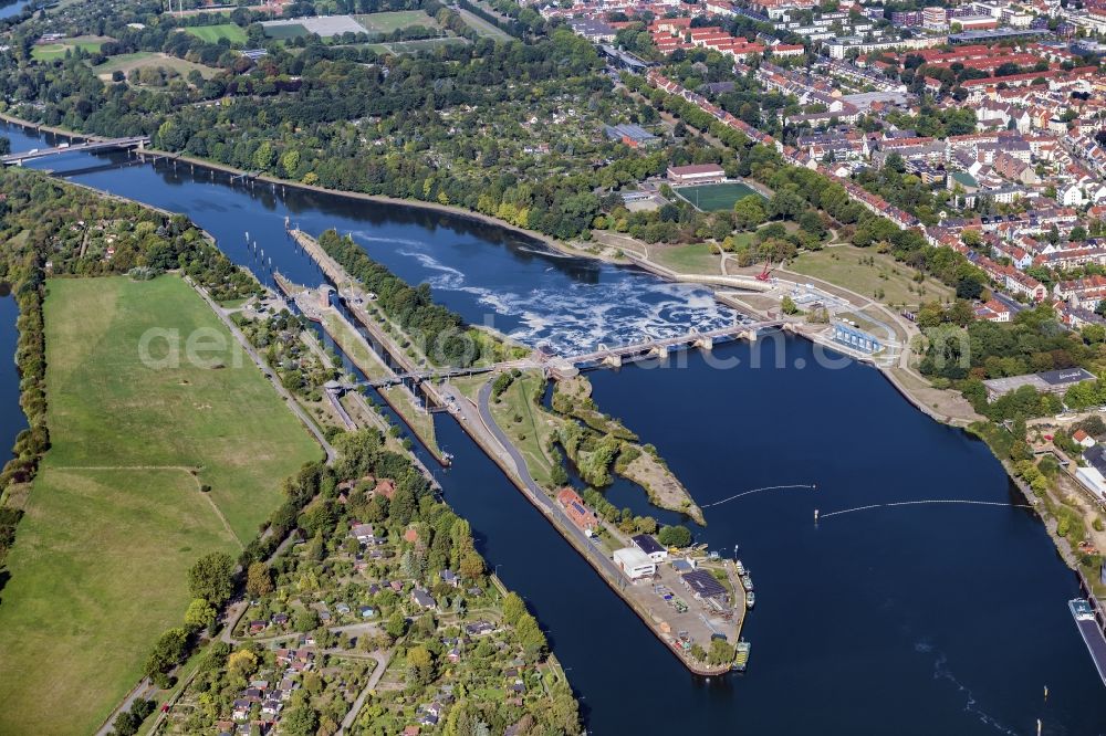 Bremen from above - Weir on the banks of the flux flow Weser in the district Hastedt in Bremen, Germany