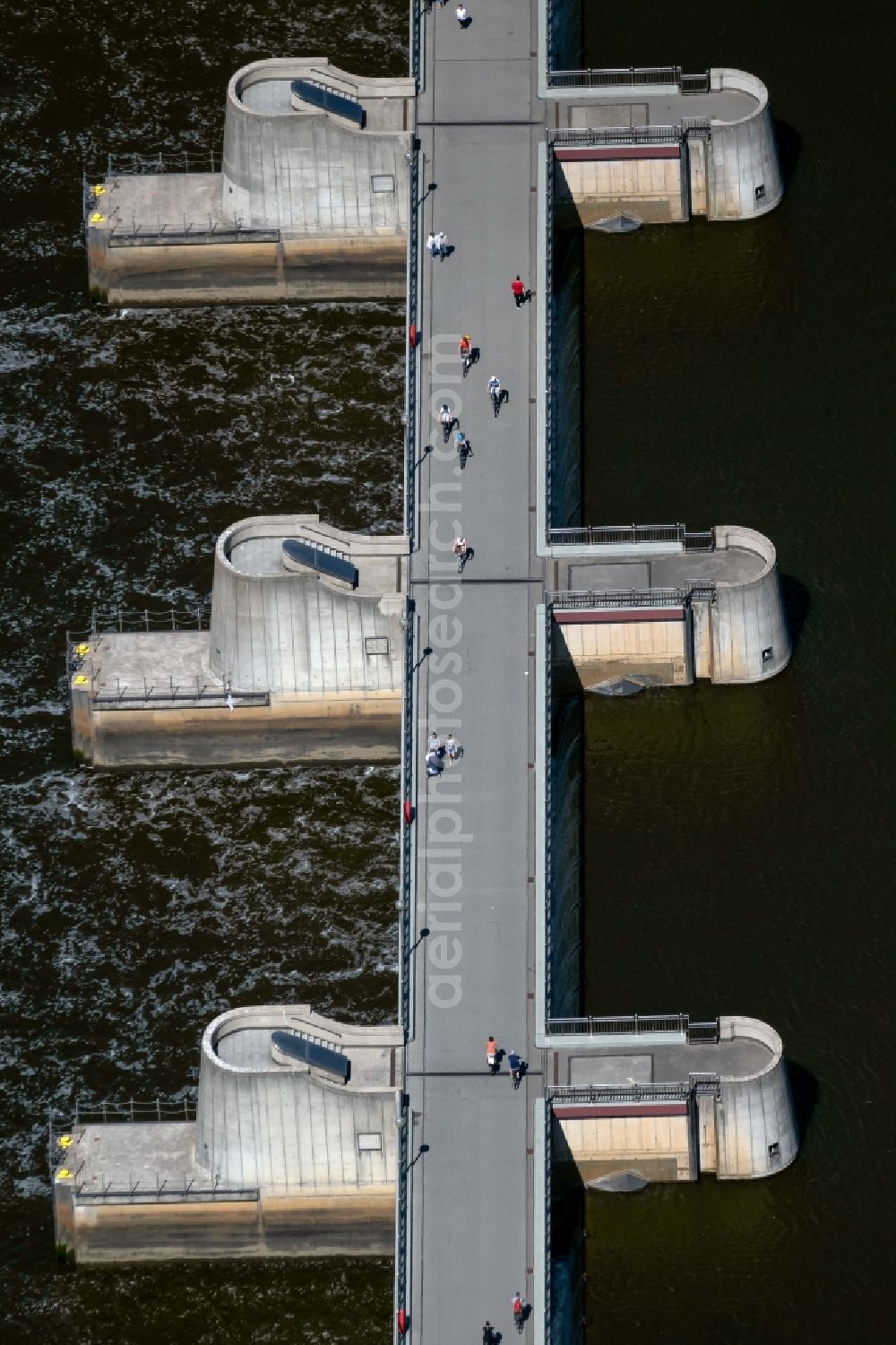 Bremen from above - Weir on the banks of the flux flow Weser in Bremen, Germany