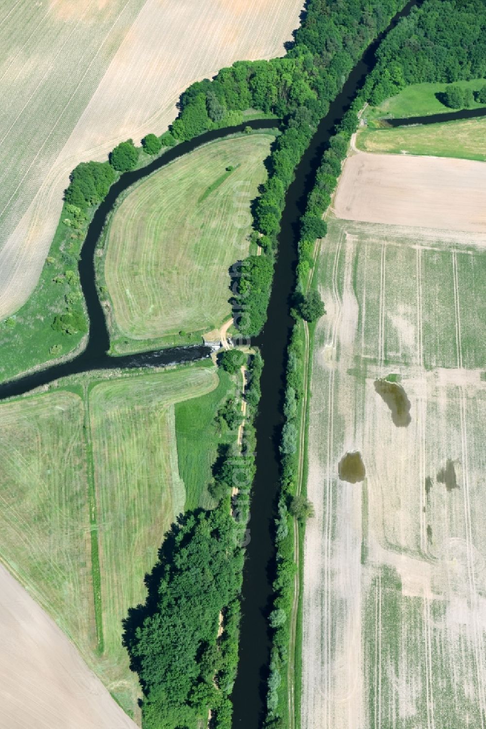 Neuburg from above - Weir on the banks of the flux flow Mueritz-Elde Wasserstrasse in Neuburg in the state Mecklenburg - Western Pomerania, Germany