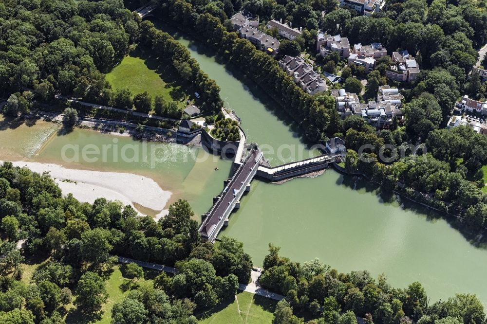 München from above - Armed forces in Oberfoehring in Munich, Bavaria. The inlet of the Middle Isar Canal connects the northern part of the English Garden with the district east of the River Isar. Below the weir is a power station