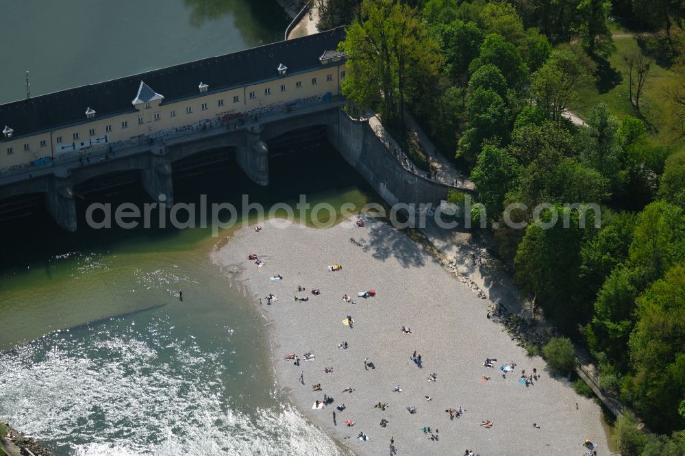 München from above - Armed forces in Oberfoehring in Munich, Bavaria. The inlet of the Middle Isar Canal connects the northern part of the English Garden with the district east of the River Isar. Below the weir is a power station