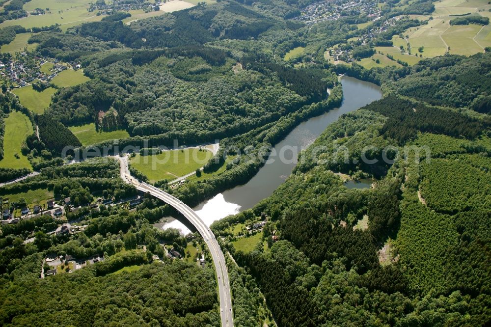 Reichshof from the bird's eye view: View of the barrier lake Bieberstein in Reichshof in the state of North Rhine-Westphalia