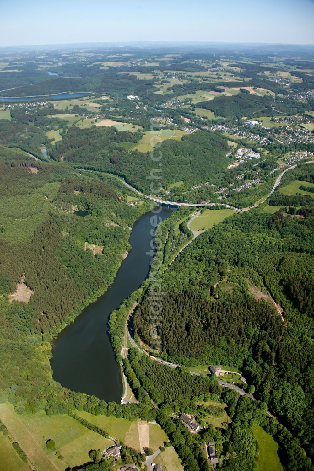 Aerial image Reichshof - View of the barrier lake Bieberstein in Reichshof in the state of North Rhine-Westphalia