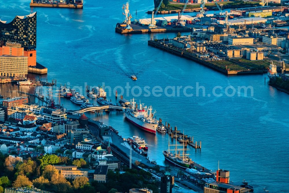 Hamburg from the bird's eye view: Ship Cap San Diego on port facilities on the banks of the river course of the Elbe in Hamburg, Germany