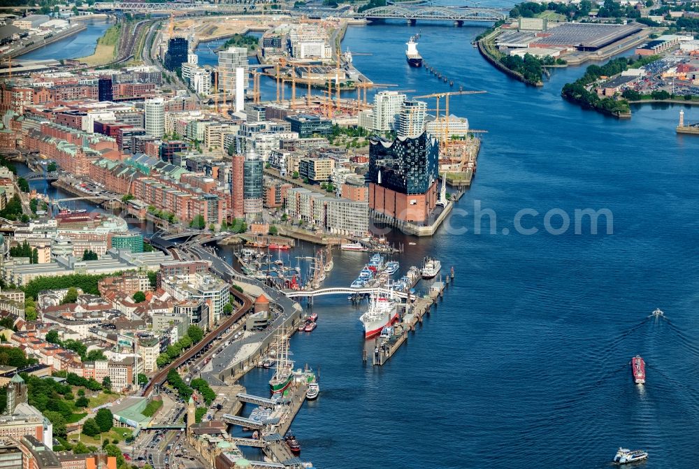 Hamburg from above - Ship Cap San Diego on port facilities on the banks of the river course of the Elbe in Hamburg, Germany