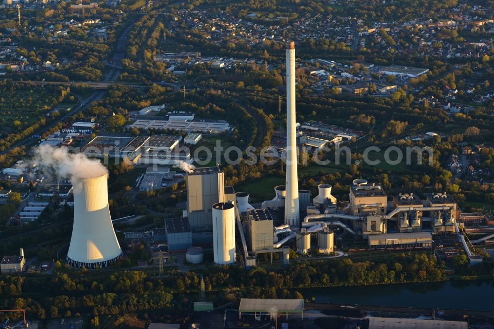 Herne from above - Steag CHP group power plant in sunset-evening light on the Rhine-Herne Canal Herne in the state of North Rhine-Westphalia