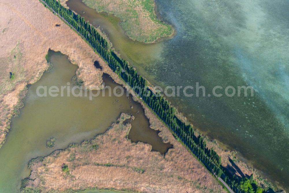 Aerial photograph Reichenau - Bridge to the Island Reichenau on the Lake of Constance during sunset in Reichenau in the state Baden-Wurttemberg