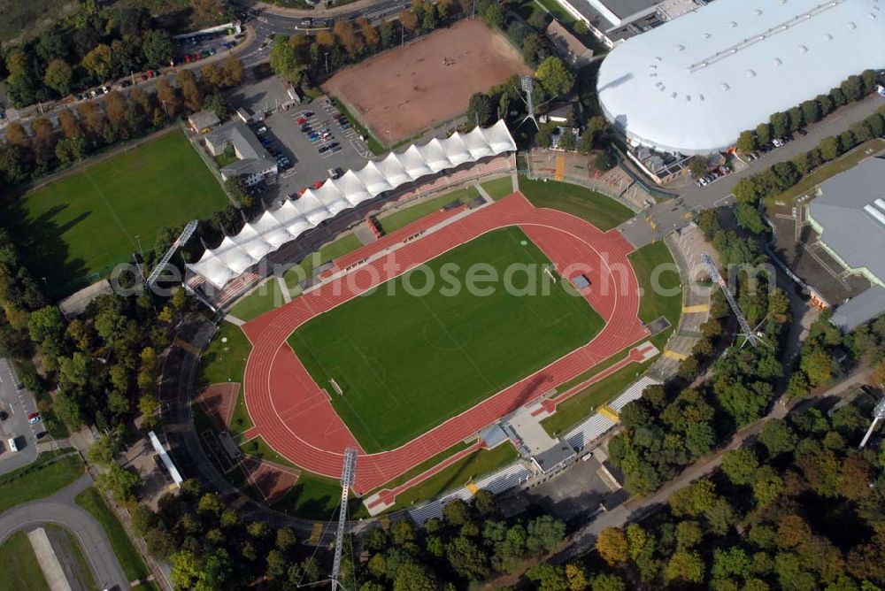 Aerial image Erfurt - Blick auf das Steigerwaldstadion (früher Georgij-Dimitroff-Stadion) in Erfurt. Es ist ein Fußball- und Leichtathletik-Stadion. Es fasst knapp 20000 Zuschauer und ist das Heimatstadion des FC Rot-Weiß Erfurt. Kontakt: FC Rot-Weiß Erfurt e.V., Arnstädter Straße 55, 99096 Erfurt