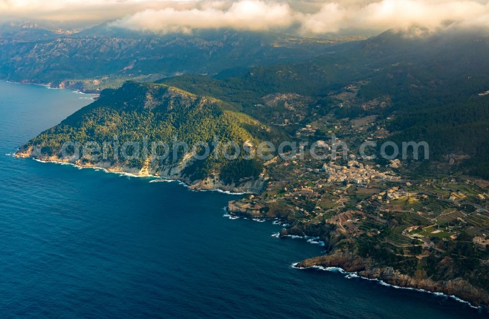 Aerial image Soller - Coastline at the rocky cliffs of of Balearic Sea in Soller in Balearic Islands, Spain