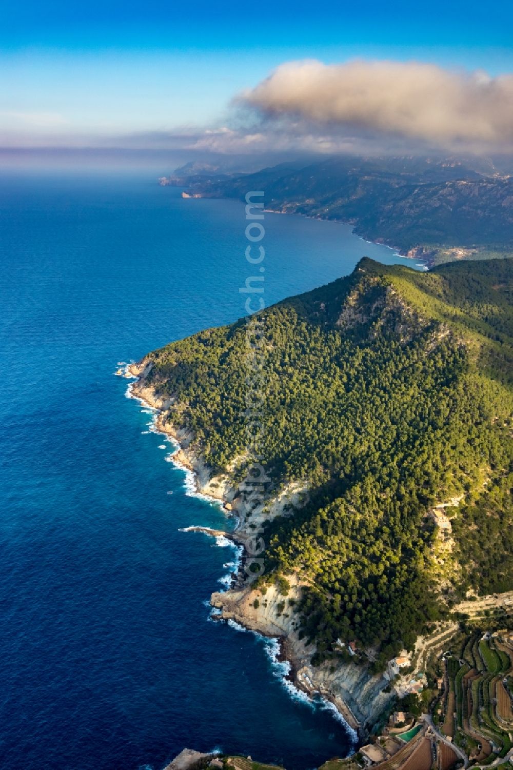 Aerial photograph Soller - Coastline at the rocky cliffs of of Balearic Sea in Soller in Balearic Islands, Spain