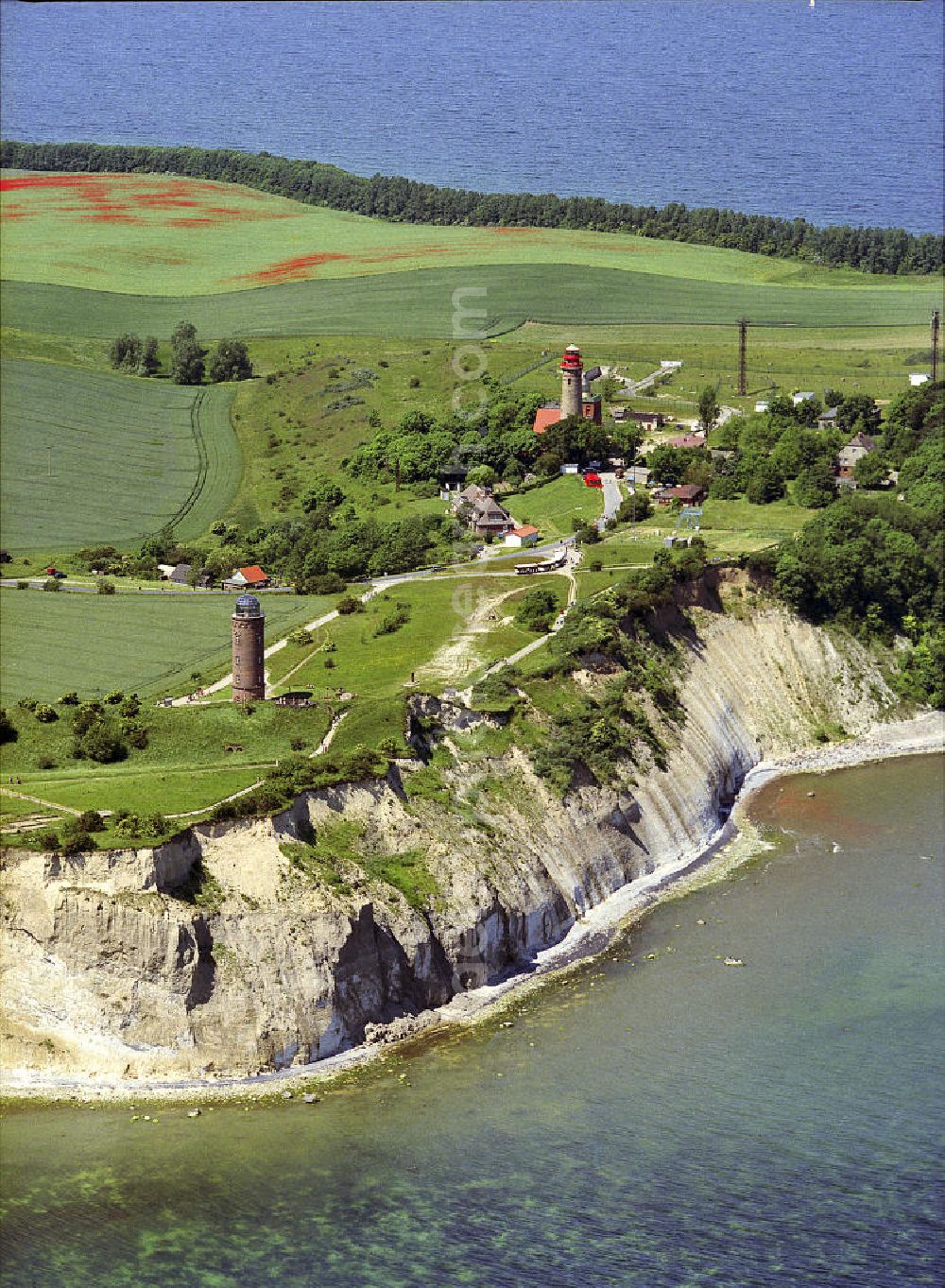 Aerial image Putgarten - Blick auf die Steilküste Kap Arkona Auf dieser Erhebung befinden sich zwei Leuchttürme, ein Peilturm, ehemalige Militäranlagen und gastronomische Einrichtungen für Touristen.