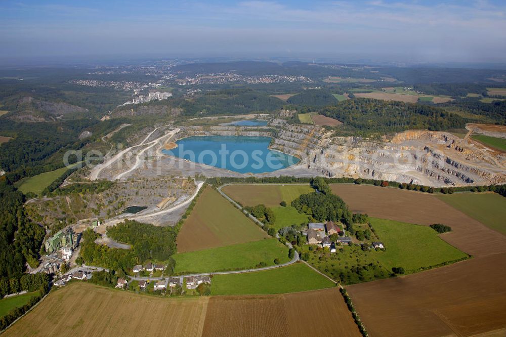 Aerial image Asbeck - Blick auf den Steinbruch Horst mit Klärbecken bei Asbeck. Hier wird Kalk abgebaut. View of the quarry Horst with sedimentation tank near Asbeck.