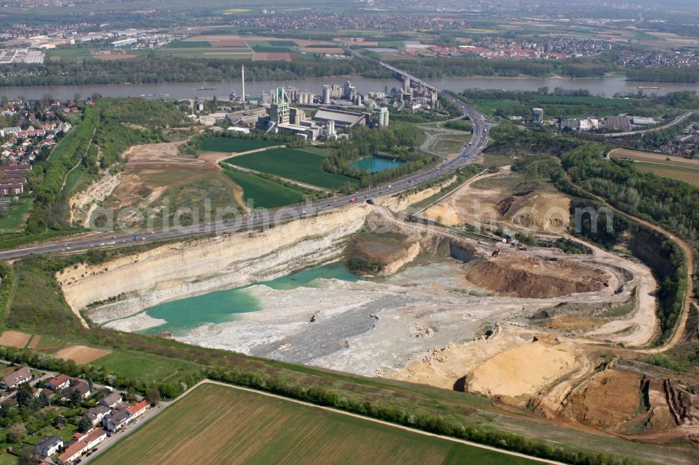 Mainz from above - The quarry on the motorway A 60 and E 42 in Mainz-Wiesenau in the state of Rhineland-Palatinate